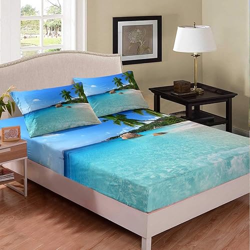 Miniatura 2 de Juego de sábanas de playa de verano, juego de sábanas de playa hawaianas, sábanas superiores estilo hawaiano, palmeras, naturaleza tropical,