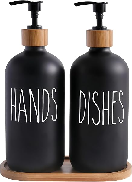 Glas Seifenspender Set, BIKALAN 475ml Seifenspender Schwarz Matt Badezimmer Set mit Tablett, Shampoo Lotion Handseifenspender für Küche Arbeitsplatte - 1