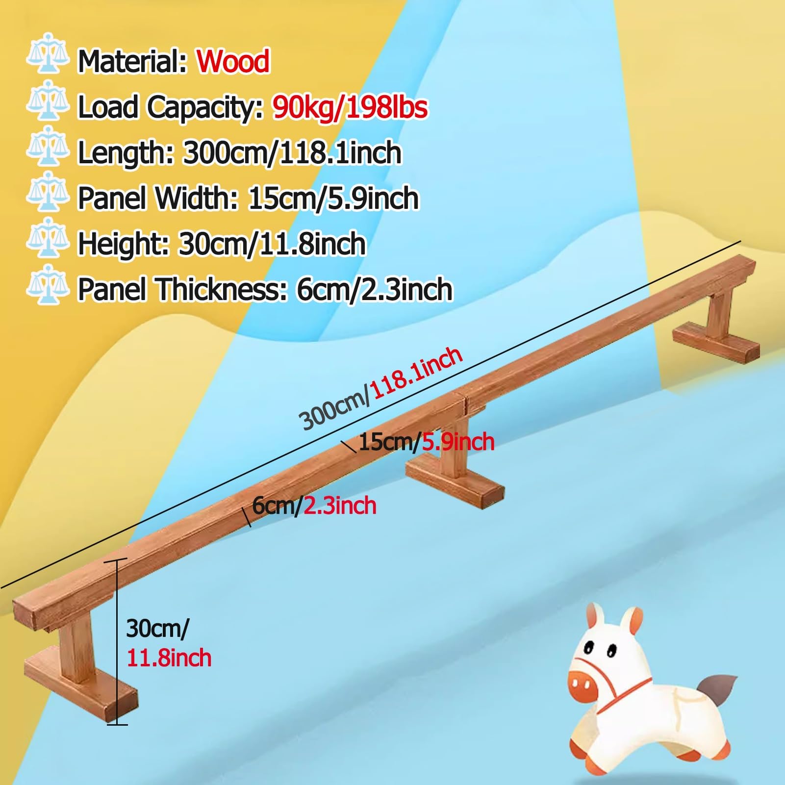 YXXSDP Home Gymnastics/Balance Beam Bar, Athlete Competition Training Walking Beams/Floor Beam, No Tool Require, for School/Travel/Gym Center, Load 198lbs(15cm(5.9in) width/300cm(118.1in) Long)