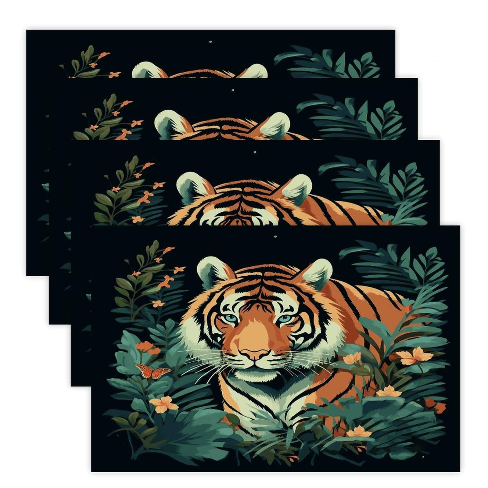 Butterfly and Tiger Placemats Heat-Resistant Washable Place Mats Anti Slip Dining Table Place Mats Wipeable Dining Table Mats Kitchen Decoration Placemats 17.7’’×11.8’’