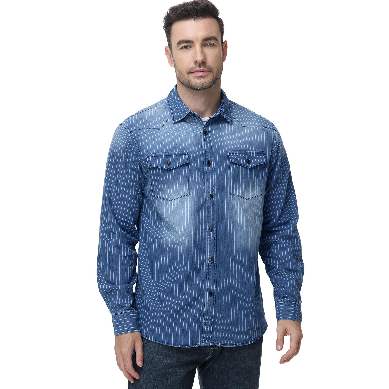 HOTIAN Chemise pour Homme, en Denim, à Manches Longues, pour Loisirs, Affaires, Coupe ajustée