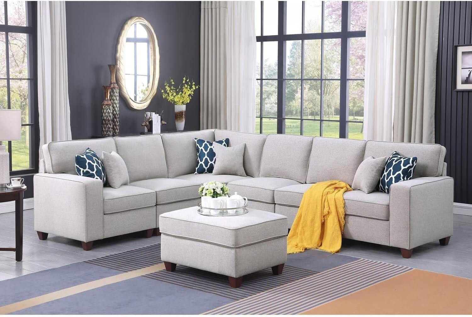 Southwestern Sensibilities Upholstered Modern Linen Blend Fabric Sectional Sofa Set - Living Room Sectional Sofa with Ottoman, Living Room Sectional Couch Light Gray/7-Piece/Without Chaise