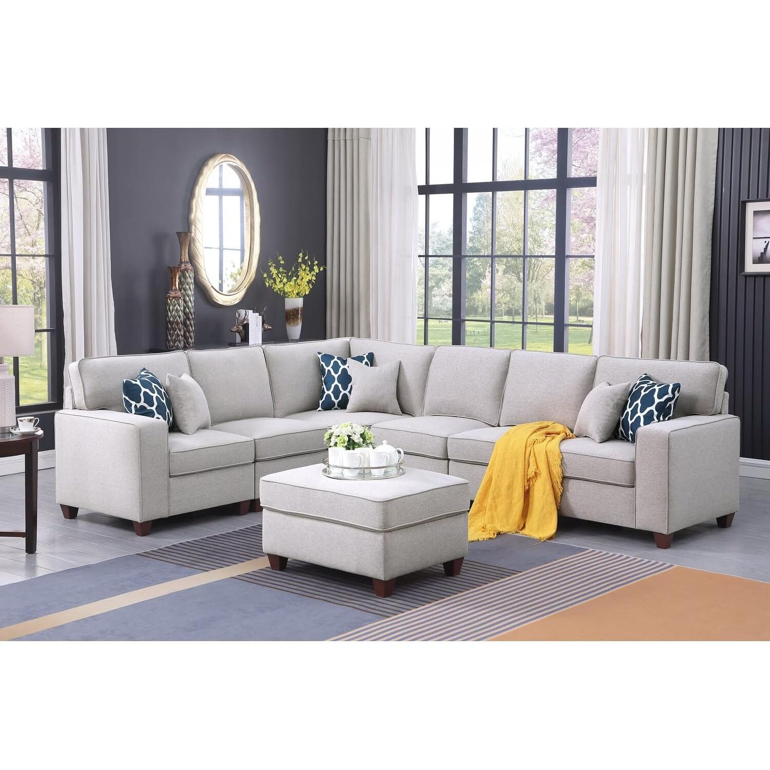 Southwestern Sensibilities Upholstered Modern Linen Blend Fabric Sectional Sofa Set - Living Room Sectional Sofa with Ottoman, Living Room Sectional Couch Light Gray/7-Piece/Without Chaise