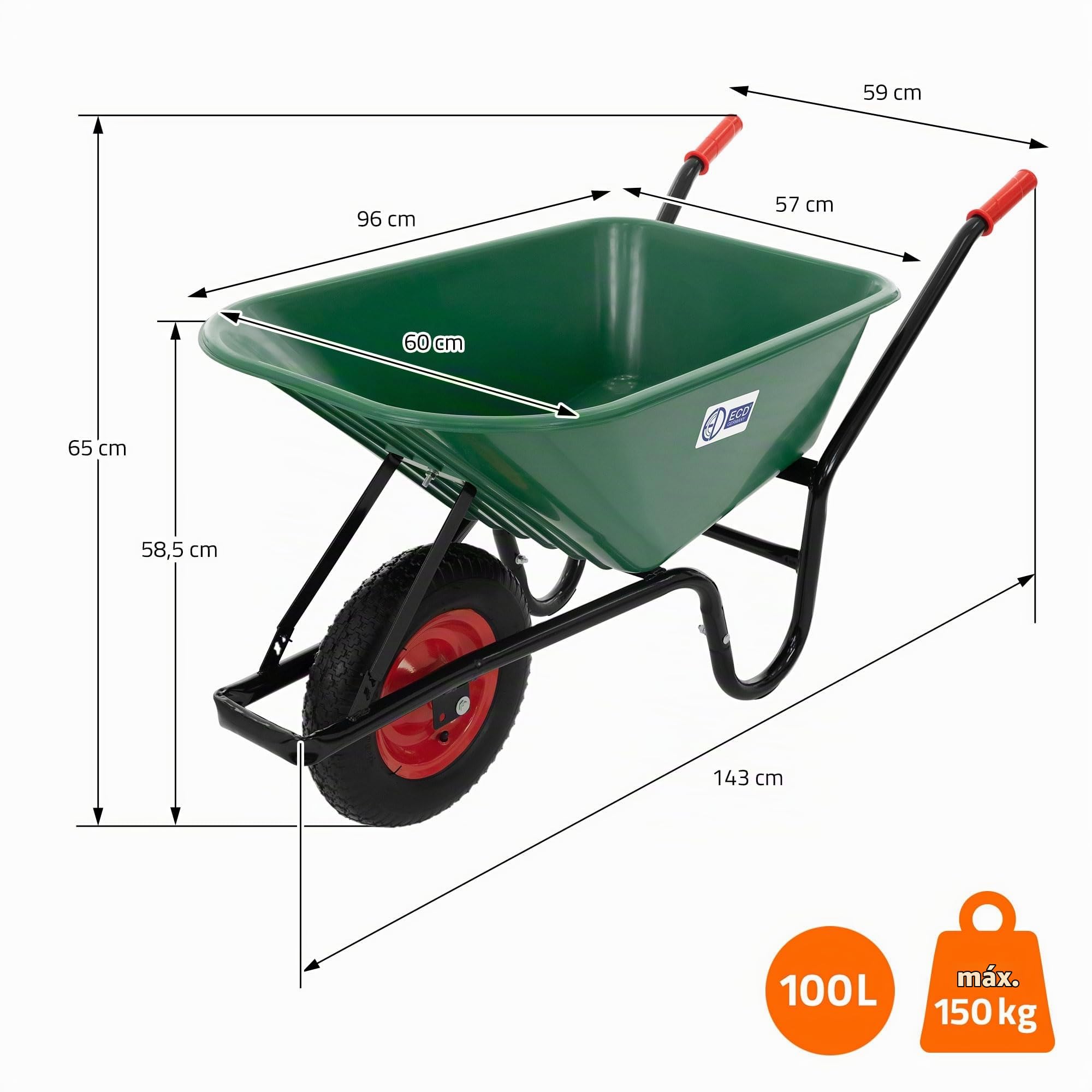 ECD Germany Carretilla de Obra y Construcción con Cubeta de Acero y Polipropileno 100L Artesa Verde Capacidad de Carga 150kg Carro con Asas Largas Carreta con Ruedas Neumáticas y Llanta Metálica