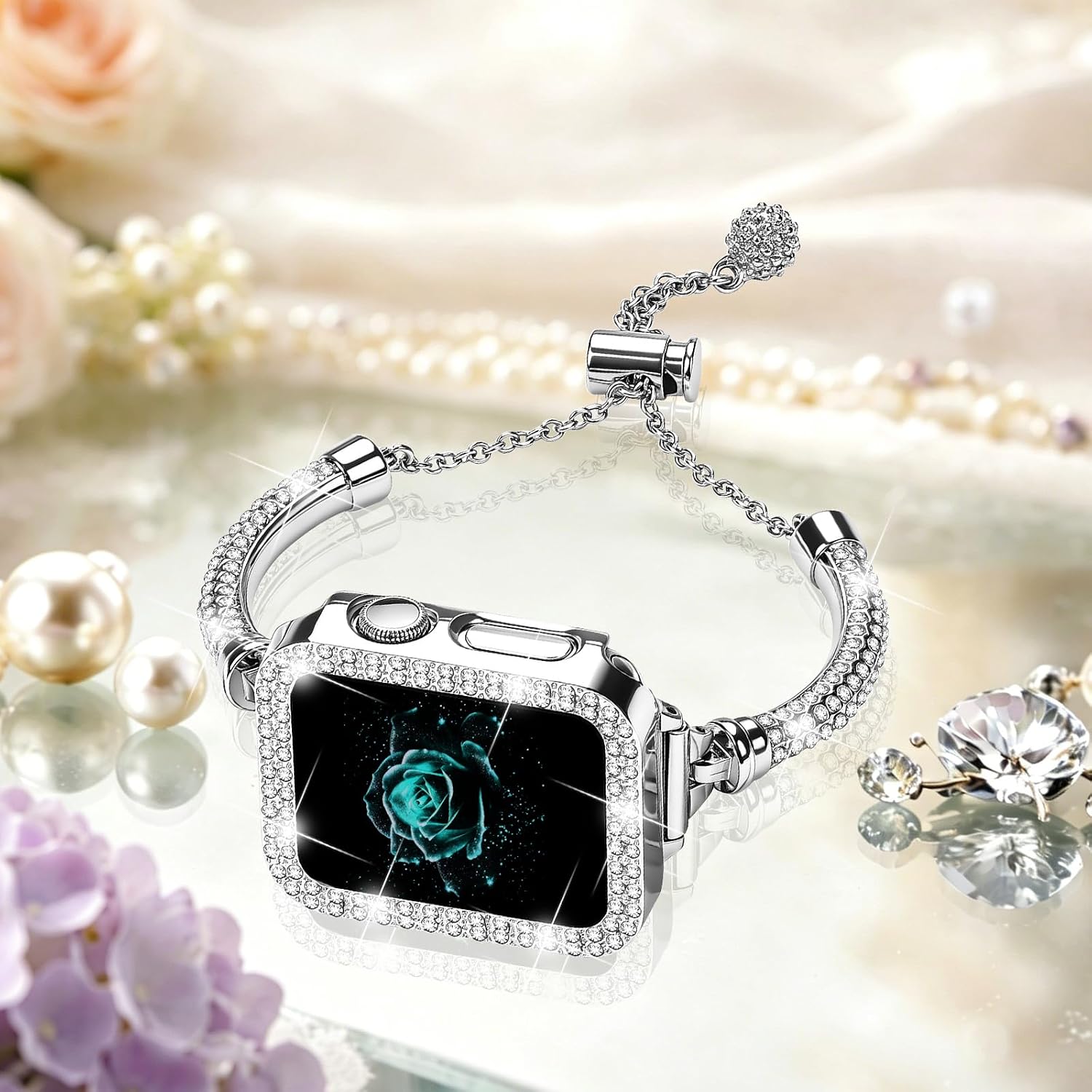 JOYOZY Bling Band and Case Compatible with Apple Watch Band 38mm 40mm 41mm 42mm 44mm 45mm 46mm, Pretty Luxury Strap with Sparkle Diamond, Dressy iWatch Bracelet for Women