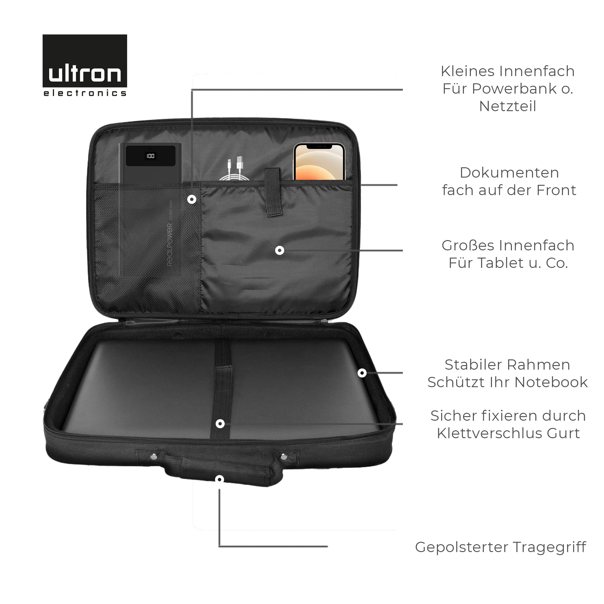 ultron Case Plus kompaktowa torba na laptopa, torba na ramię z kieszeniami do przechowywania akcesoriów, do laptopów o przekątnej do 15,6 cala (39,6 cm), czarna, 1 sztuka