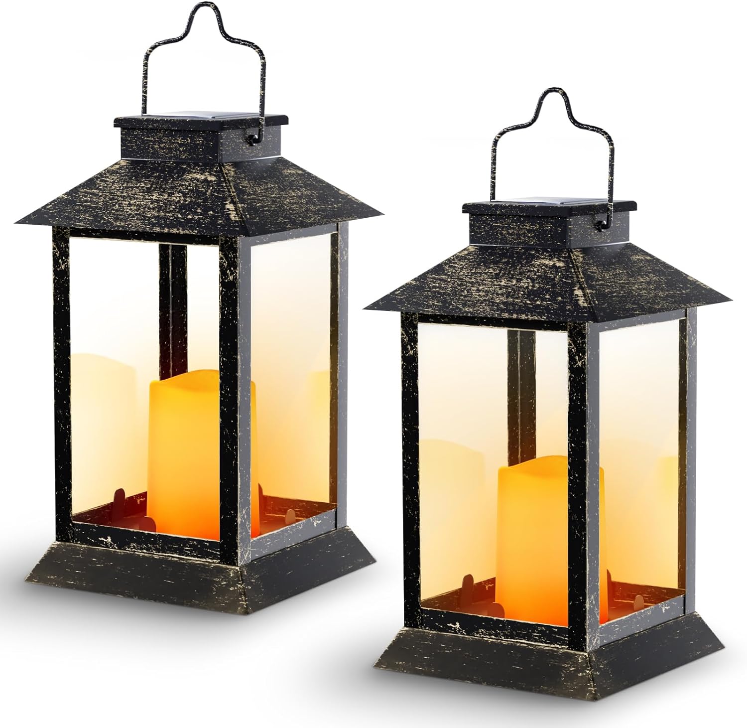Solar Lights Outdoor Waterproof, Solar Lights Metal Flickering Flame Lantern Outdoor Hanging for Front Porch Decor, Outdoor Patio, Garden,Balcony,Porch, Christmas, Fall Decor, 2 PCS (Bronze)
