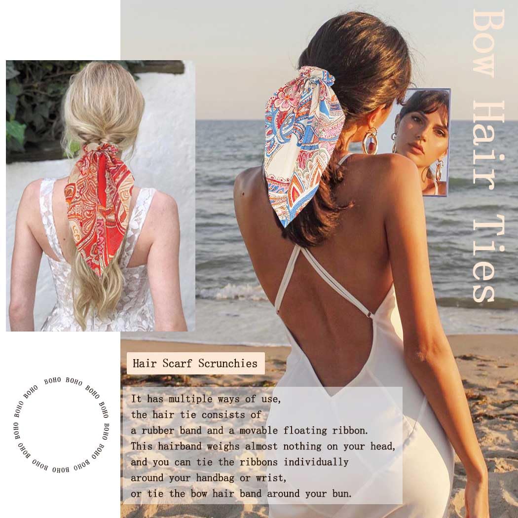 Boho Hair Scarf Scrunchies for Women Bow Hair Ties Floral Hair Scrunchies Silk Elastic Ponytail Holder Hair Accessories for Girls 4 pcs (Boho) - Image 5
