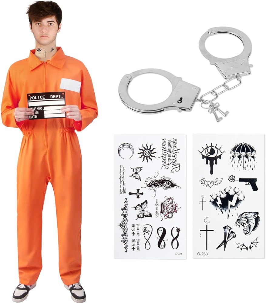 LOEPENLE Sträfling Kostüm Set - Orange Gefängnis Overall Mit Handschellen