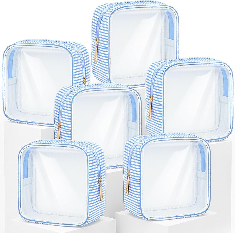 Necessaires quadradas Sanwuta em PVC e seersucker com zíper, azul-claro, pacote com 6
