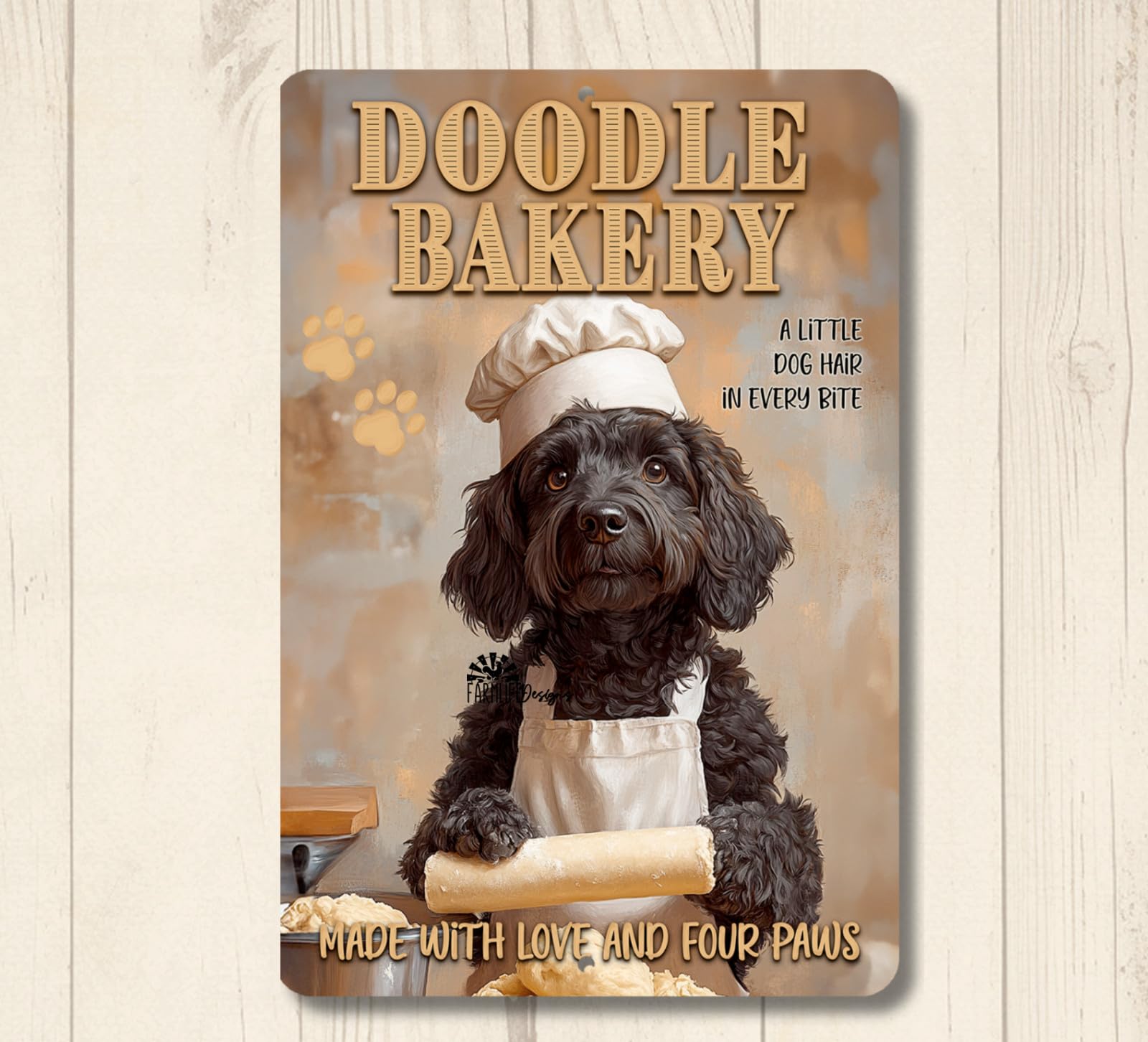Doodle Bakery dog baking chef labradoodle funny metal tin wall art kitchen home decor