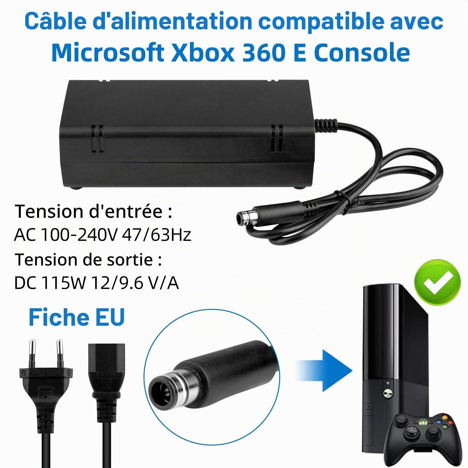 OSTENT EU AC Adaptateur Chargeur Câble d'alimentation Cordon Compatible pour Microsoft Xbox 360 E Console