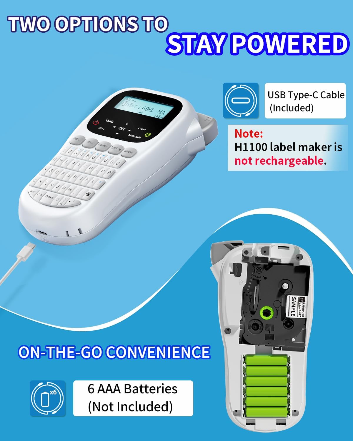 Image showing the Vixic H1100 label maker connected via USB-C cable and with the battery compartment open, revealing slots for 6 AAA batteries