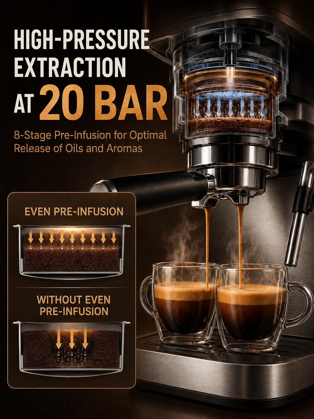 Cafetera semiautomática con Molinillo y vaporizador | El café recién molido cae directamente en el portafiltro para preparar espresso, Americano y bebidas con leche en casa