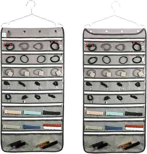 Organizador de joyas colgante de doble cara con colgador para armario, collar, aretes, pulsera, anillo, soporte de viaje (56 bolsillos transparentes