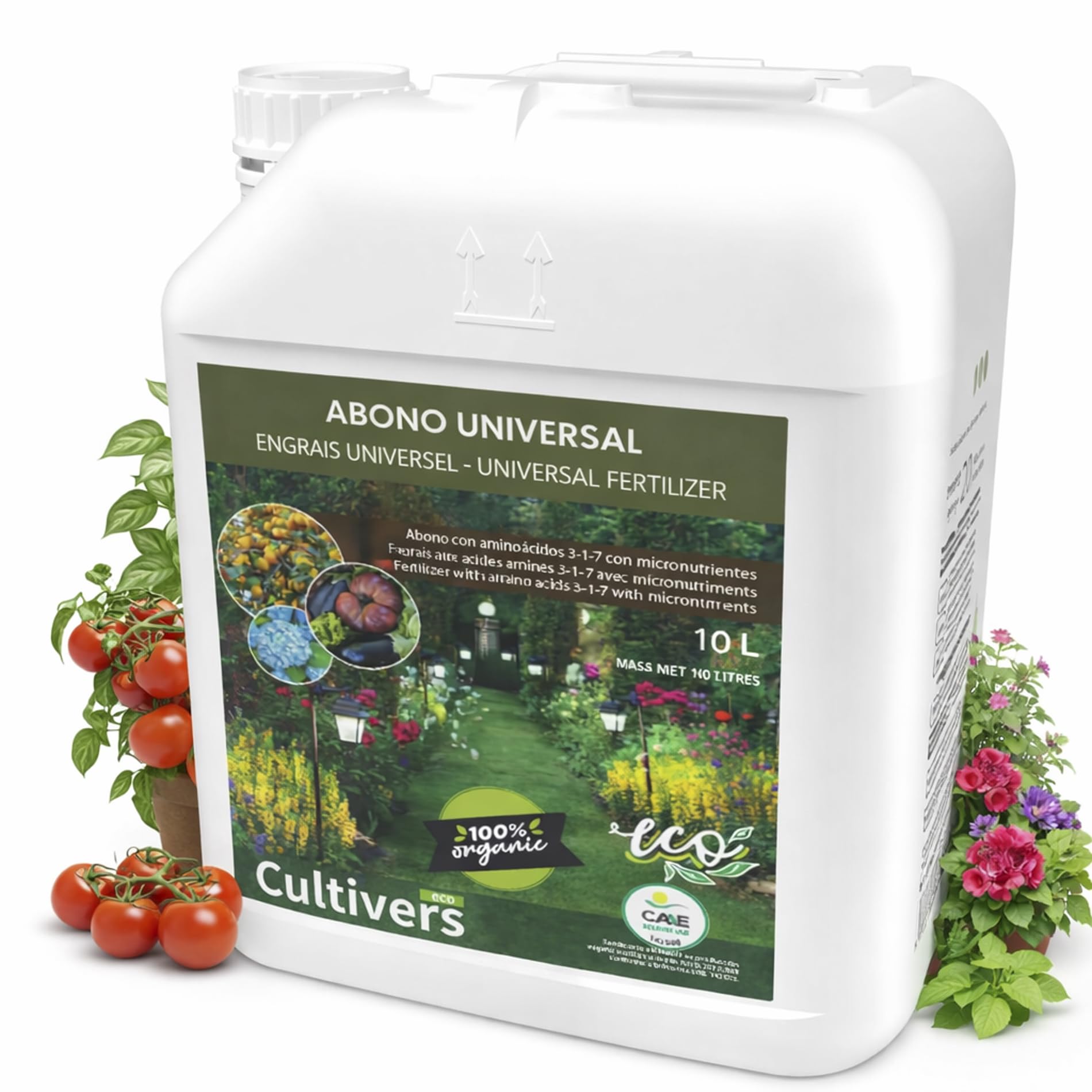 CULTIVERS Fertilizante Universal Ecológico Líquido 10 L | Abono NPK 4-1-7 con Aminoácidos y Micronutrientes (B, Cu, Fe, Mn, Mo y Zn) | Uso en Huerto, Jardín y Plantas, Apto Agricultura Ecológica