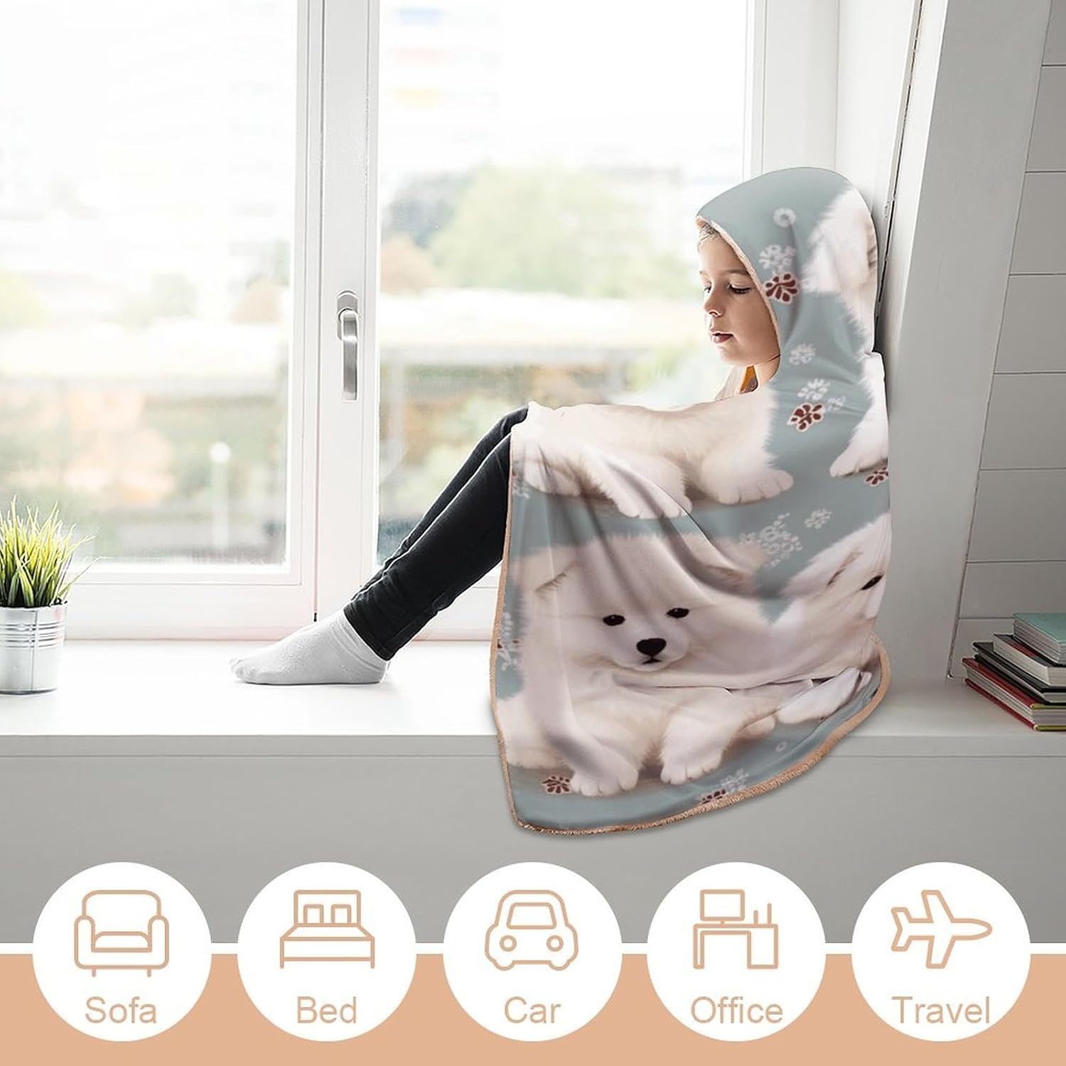 Little White Dogs Pattern Hooded Blanket Cozy And Functional,Wearable Blanket Hoodie for Women Men,Blanket Poncho Presents50 x60