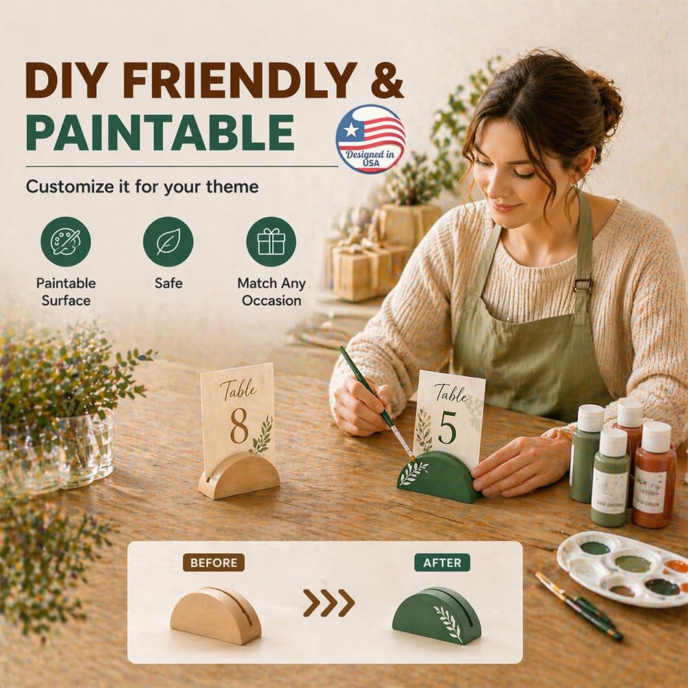24/50/100 Pcs Place Card Holders, Wooden Table Tent Holder with Card & Self-Adhesive Backing, Semicircular Design Table Number Stands for Retail Shop Wedding Party Events Decoration (100, Brown)