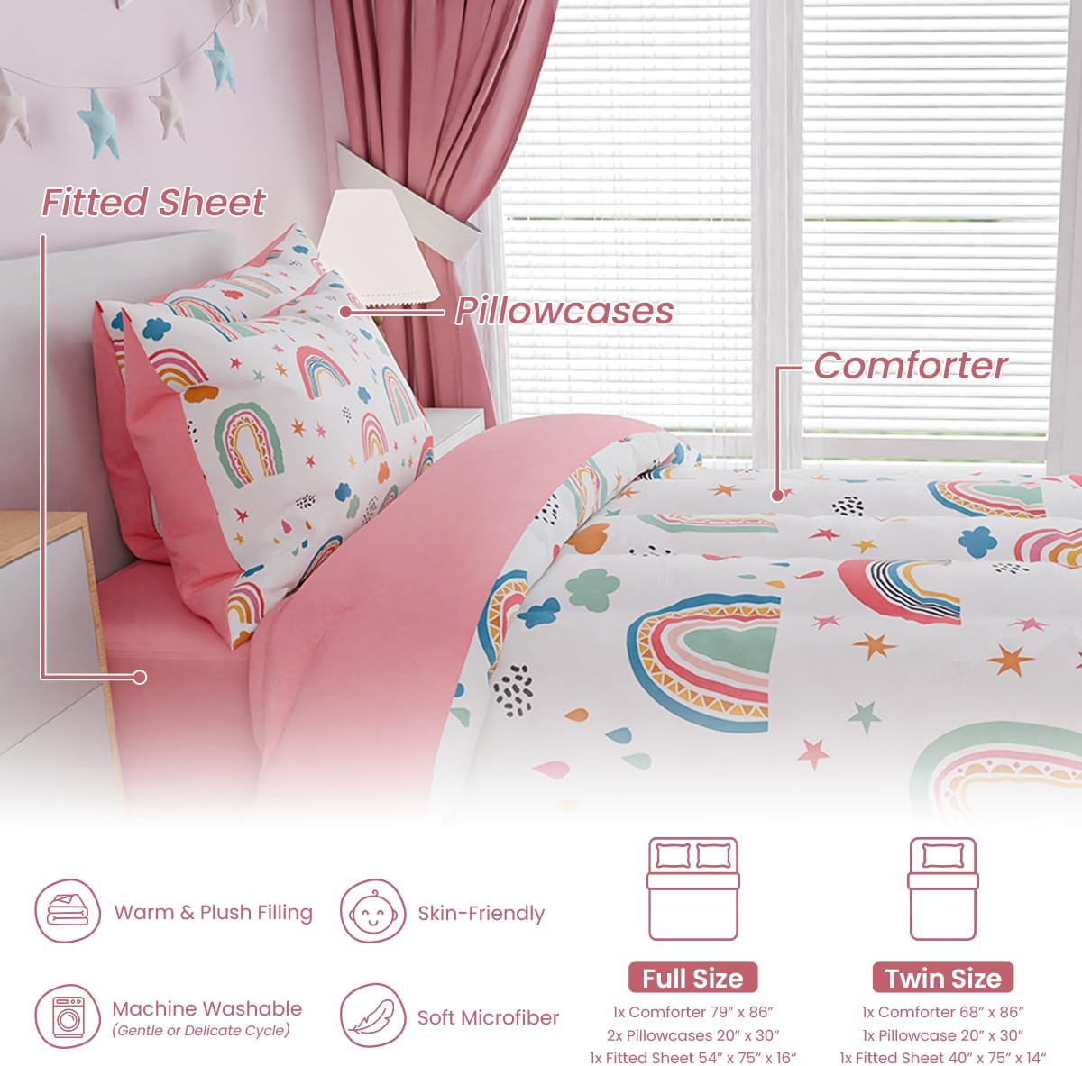SANDJEST Rainbow Full Bedding Set for Girls, Ultra Soft Microfiber Comforter Set Full Size with 4-Pieces for Kids Teen, Bed Set Comforters for Bedroom Decor - Image 6
