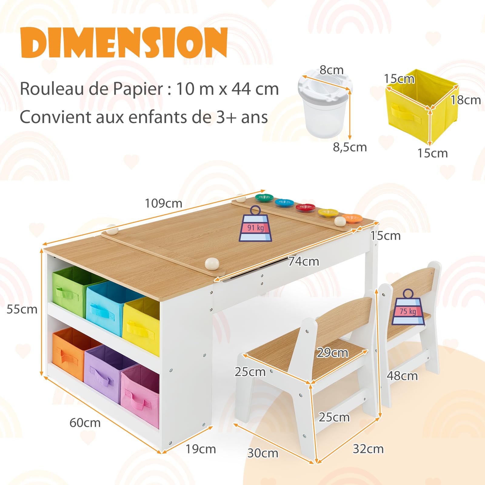 DREAMADE Table à Dessin et 2 Chaises en Bois Enfants,Bureau d'art Tout-Petits avec Plateau Inclinable&6 Tiroirs en Tissu&5 Palettes&Rouleau de Papier,Charge 91+75KG(Naturel)