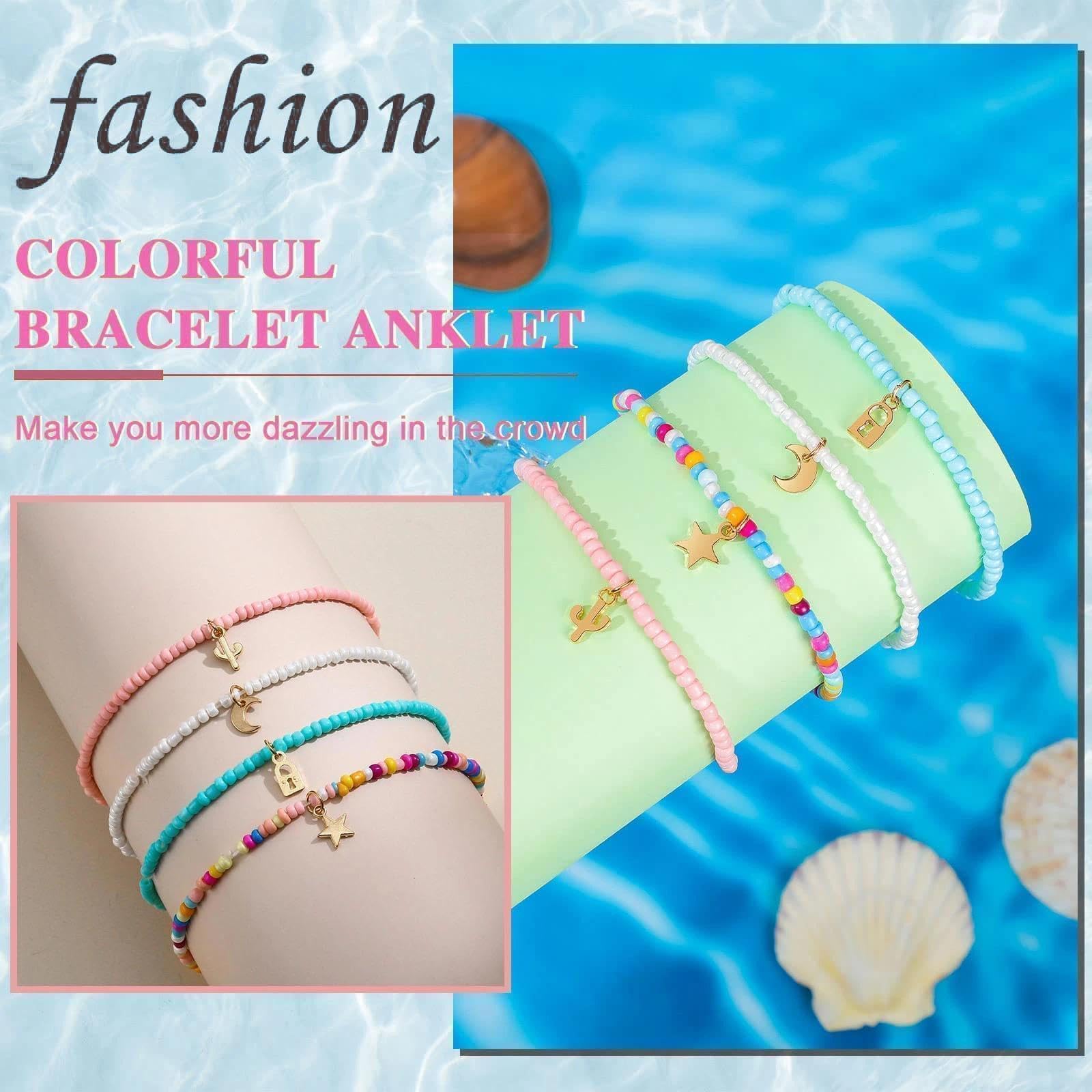 Cavigliere da Donna, 4 pezzi Boho per Estate Bracciale Elastico con Perline Colorate Cavigliere Bohémien, per Donne Ragazze Stratificate Caviglieres Impermeabili Gioielli Spiaggia