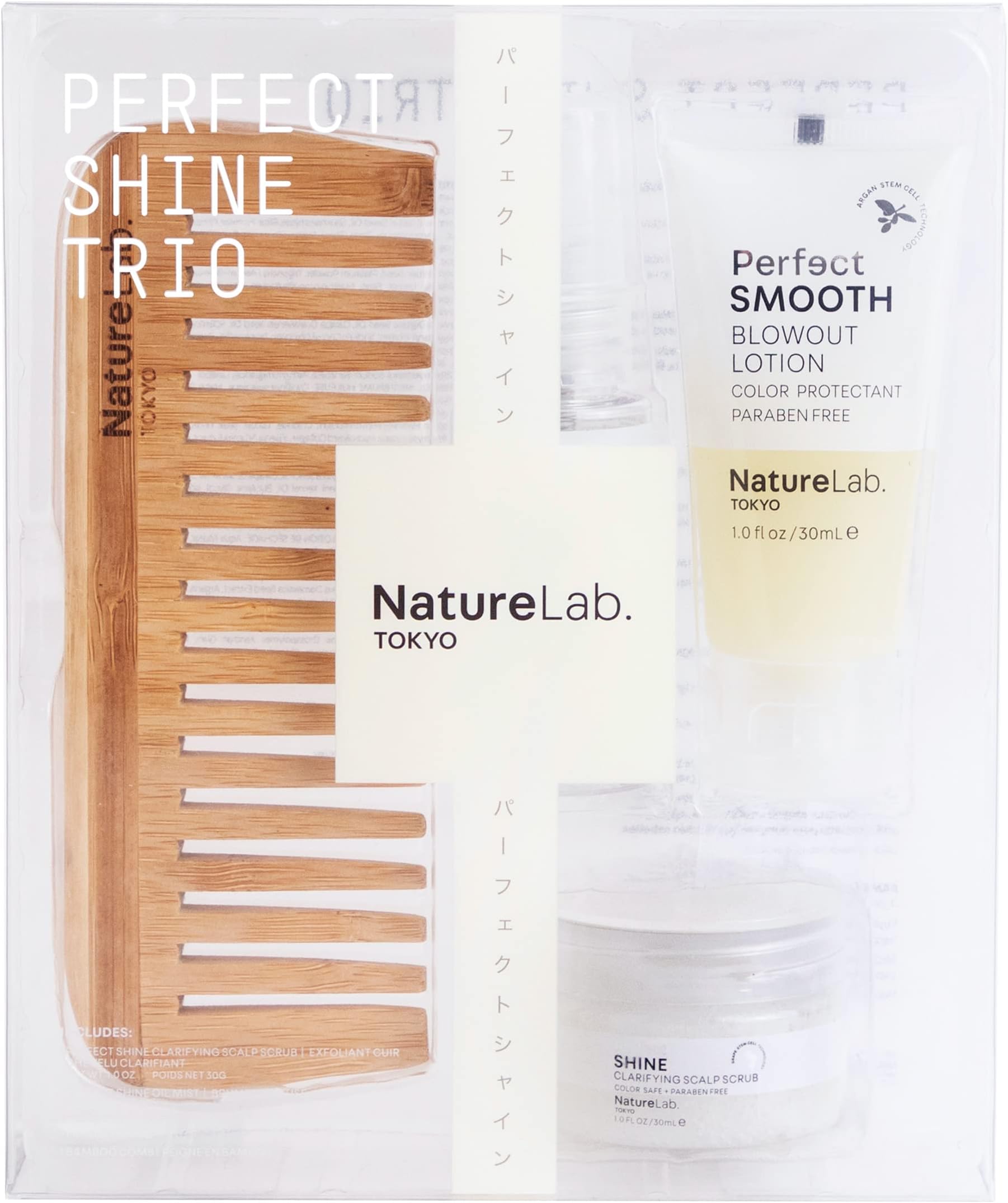 NatureLab Perfect Shine Trio Gift Set Includes Shine Scalp Scrub, Shine Oil Mist, Smooth Blowout Lotion & Bamboo Treatment Comb - For Shine & Healthy Scalp, Travel-Friendly (3 Bottles, 1 fl oz Each)