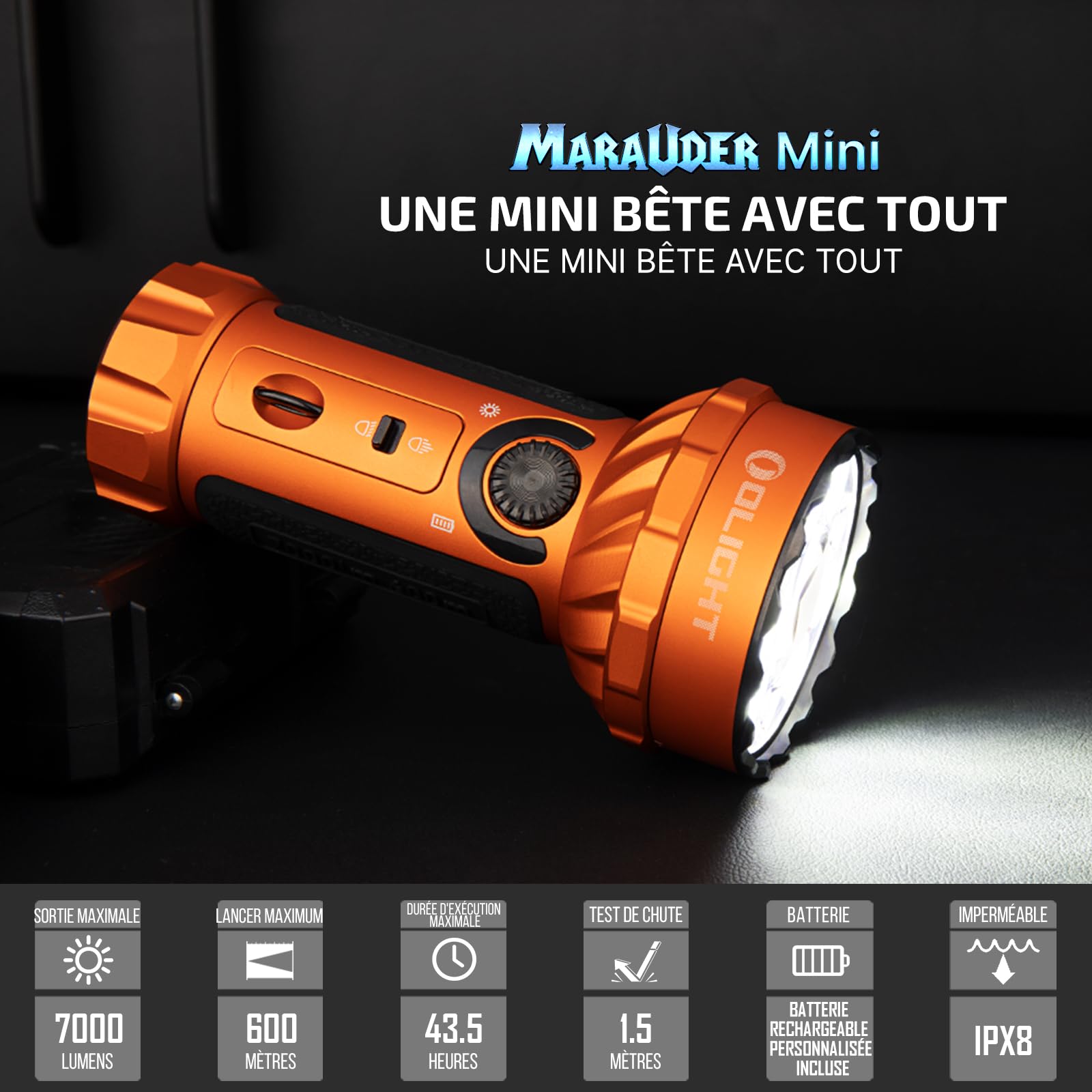 OLIGHT Marauder Mini Lampe de Poche Rechargeable USB 7000 Lumens 600 Mètres | Lampe Torche LED Ultra Puissante IPX8 Étanche, 5 Modes Spot et Flood RGB, 3 Types de LEDs pour Ménage, Extérieur et Urgence