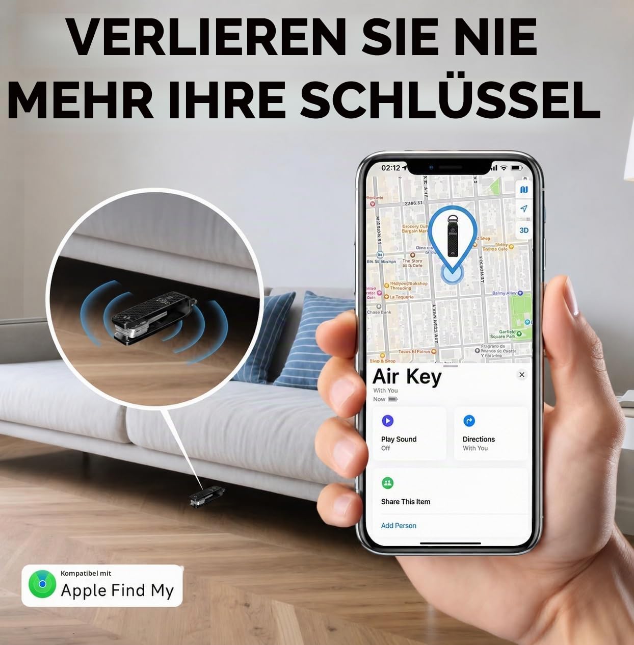 Air Key Schlüssel-Organizer für bis zu 4 Schlüssel, kompatibel mit Apple Find My, mit Bluetooth-Suchfunktion und akustischem Signal (Black)