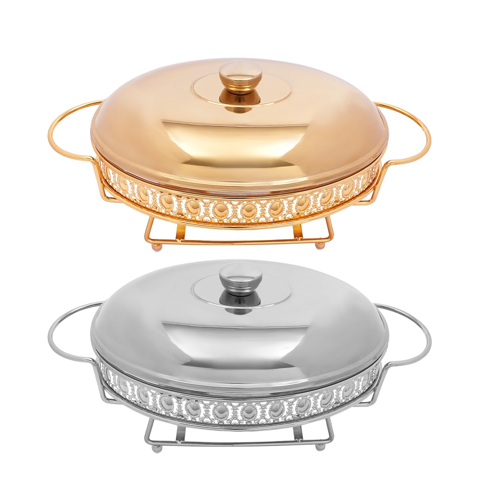 Xuthusman 2L Stainless Steel Oval Chafing Dish Buffet, Ceramic Marble Finish Chafer with Glass Lid, Chafer and Buffet Warmer Set for Buffet Weddings Parties Banquets, Golden (Gold)