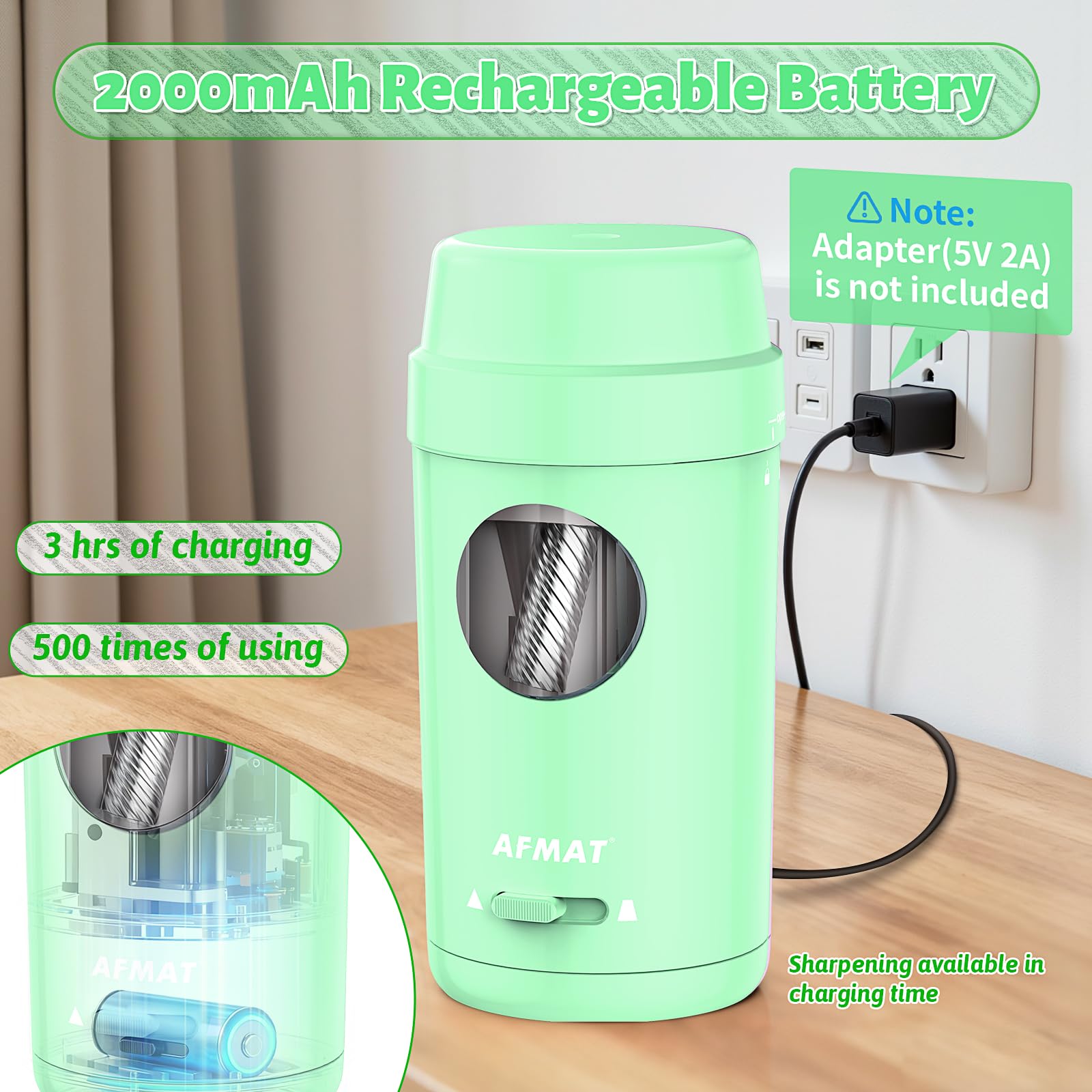 AFMAT Sacapuntas eléctrico totalmente automático, recargable, con recipiente para lápices de 7-8 mm de grosor y finos, entrada y salida automática, sacapuntas eléctrico para casa, oficina, escuela