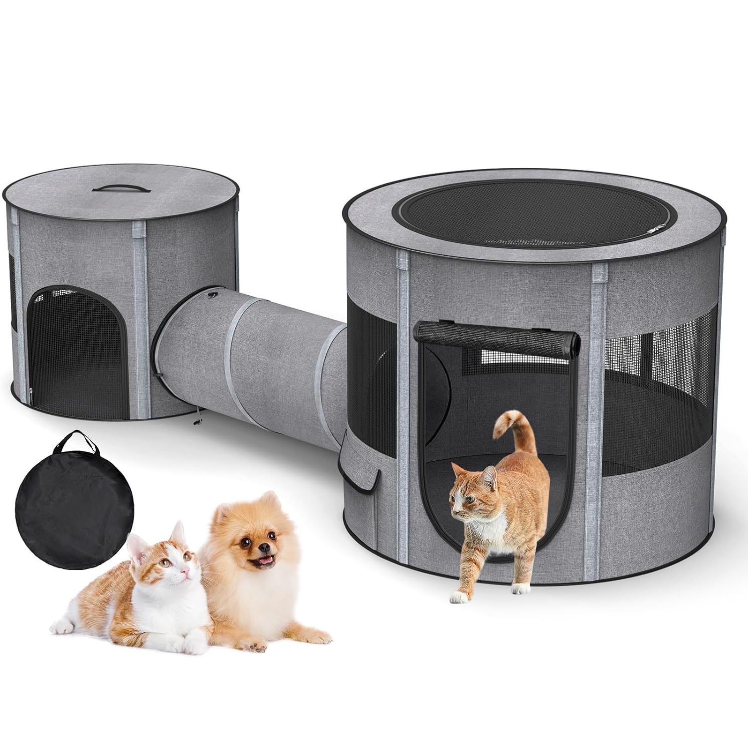 Portable Cat Playpen with Tunnel, 3 in 1 Foldable Puppy Play Pen, Waterproof Bottom, Enclosed 2-Room Separable Pet Tent for Indoor/Outdoor, Multi-Purpose Enclosure Crate Cage...