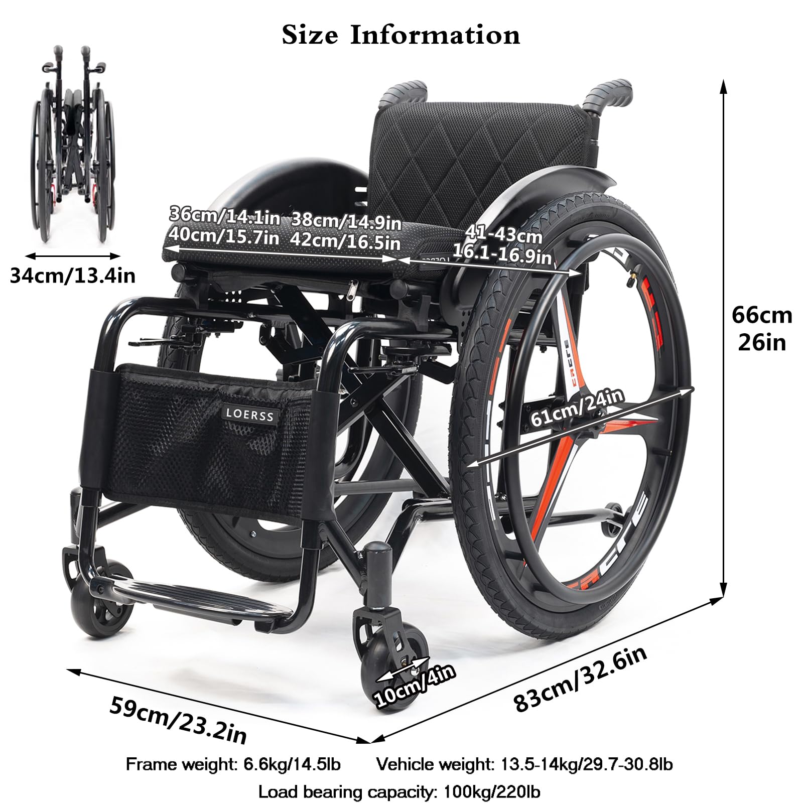 Silla De Ruedas Deportiva Ligera,silla De Ruedas Deportiva Ultraligera Plegable Todo Terreno,silla De Ruedas De Transporte Plegable,silla De Ruedas De Aluminio,para Adolescentes,Adultos(Size:42cm/16.5