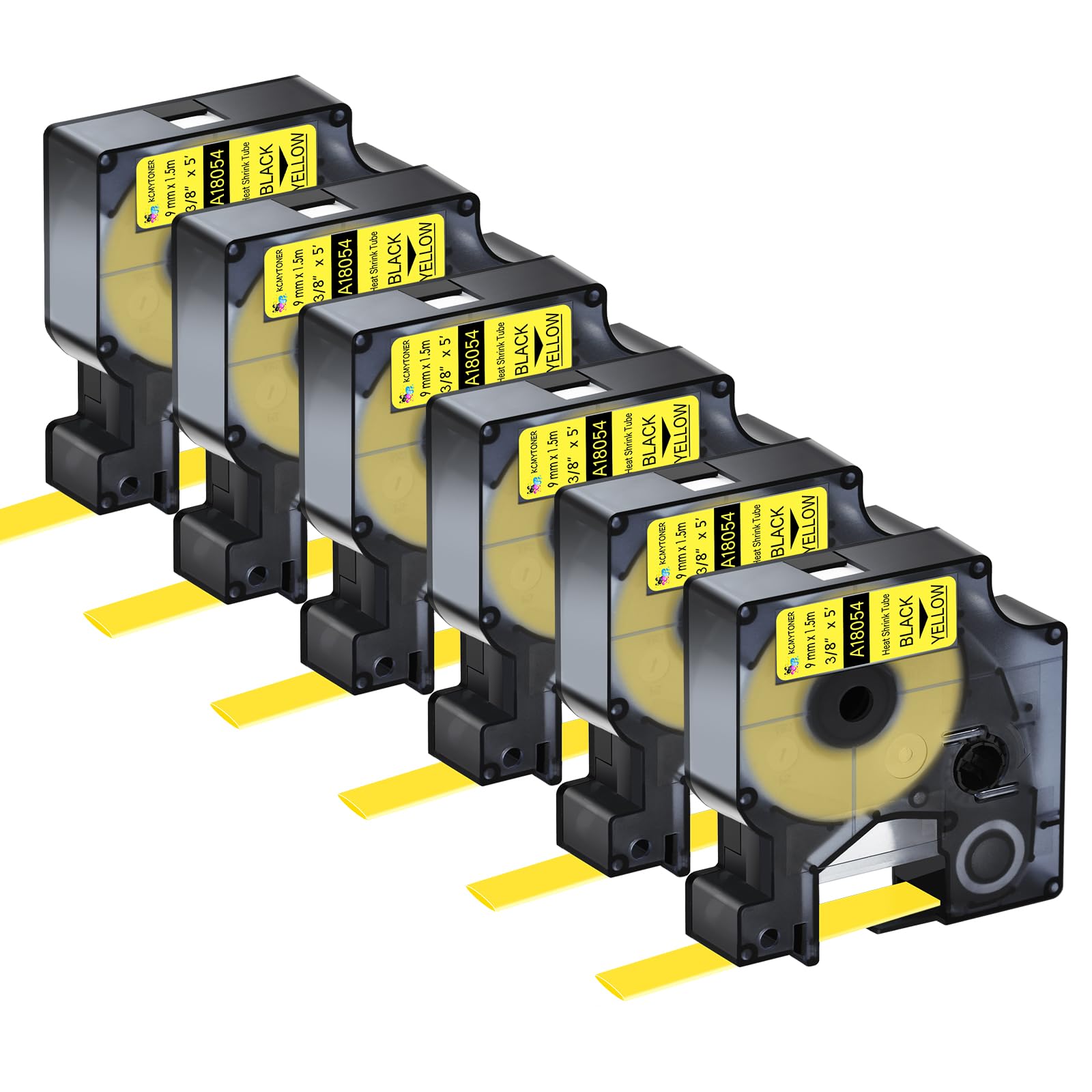 KCMYTONER 6PK Compatible for Dymo Rhino A18054 9mm 3/8 inch Heat Shrink Tubes Label Black on Yellow for Rhino 1000 3000 4200 5000 5200 6000 3M Label Maker Refills