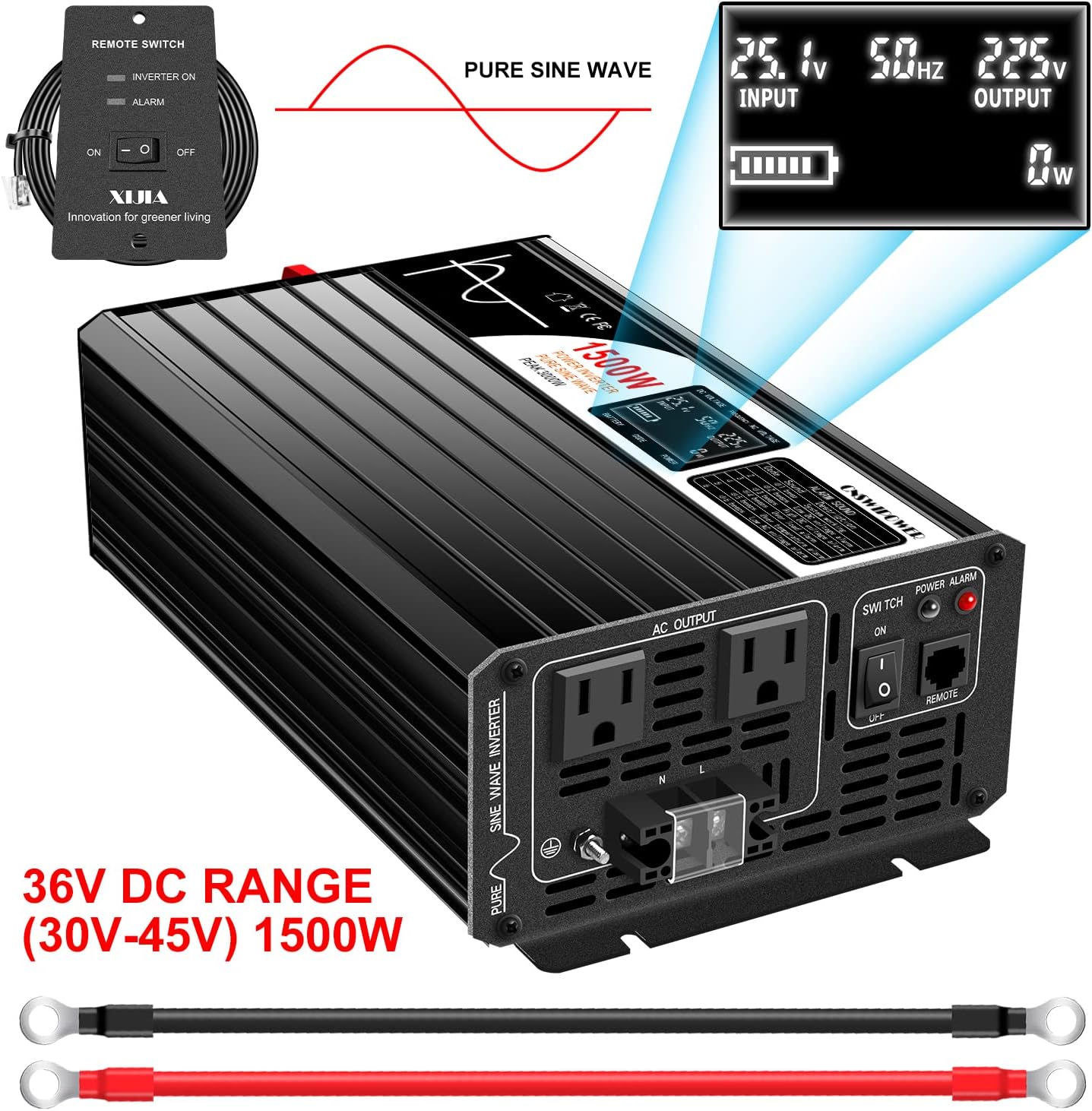 Xijia 1500W Power Inverter，36V to 120V Pure Sine Wave Inverter，Surge 3000W Solar Converter for Home Backup Solar Systems ，with Remote Control for Truck