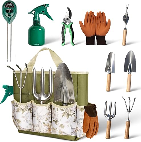 Juego de 10 herramientas de jardinería de alta calidad, de acero inoxidable, a prueba de óxido, con bolsa de almacenamiento, regalos perfectos de