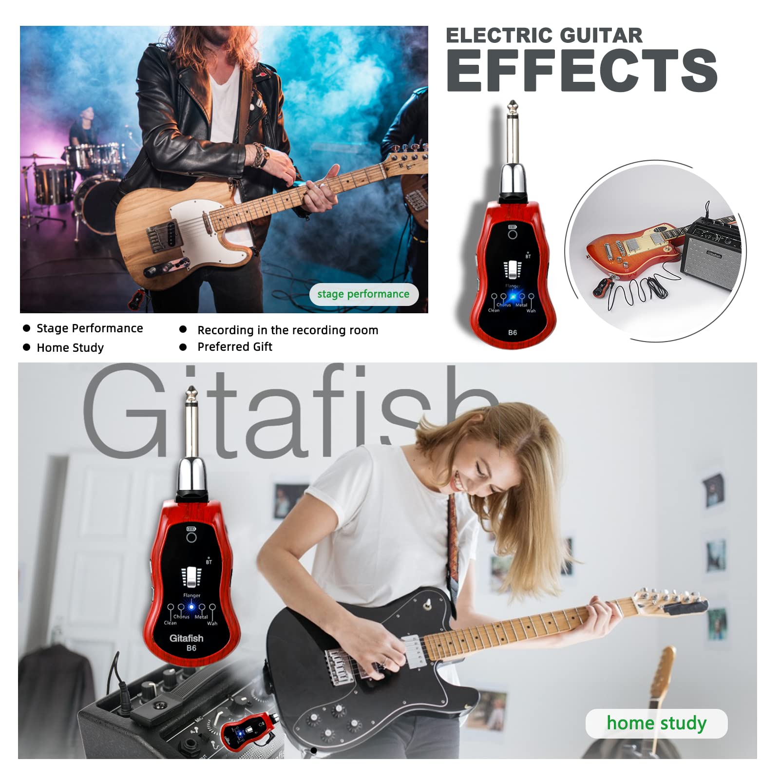 Bass-Kopfhörer-Verstärker, tragbarer Bluetooth-Kopfhörer, Gitarren-Kopfhörer, Bluetooth-Kopfhörer-Verstärker, Gitarren-Halskette, tragbarer Bassverstärker, mehrere Effekt-Verstärker: Chorus