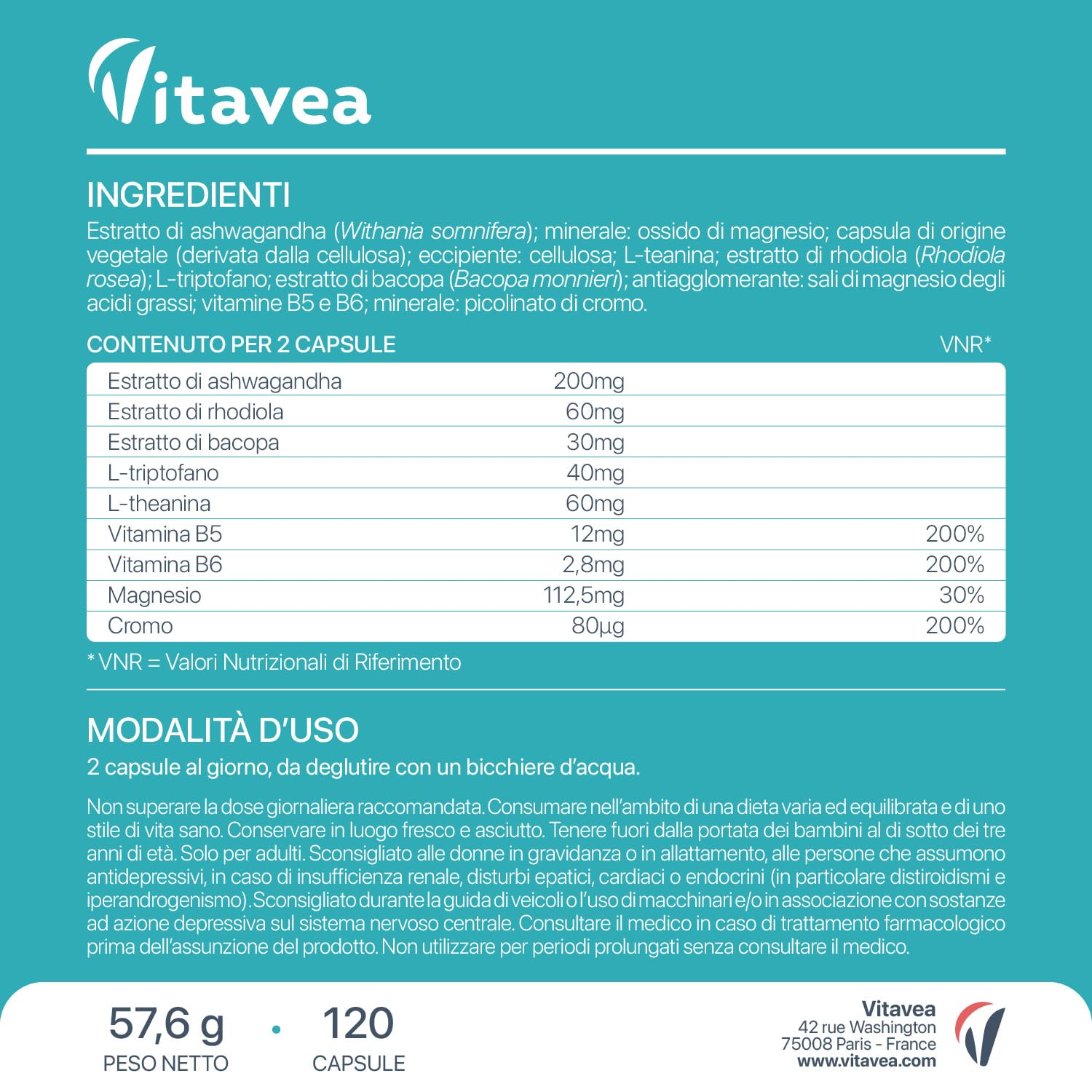 Cortisol Control – Integratore anti-stress e stanchezza – Ashwagandha, Rhodiola, Bacopa, L-teanina, Magnesio – 120 capsule vegan – Vitavea