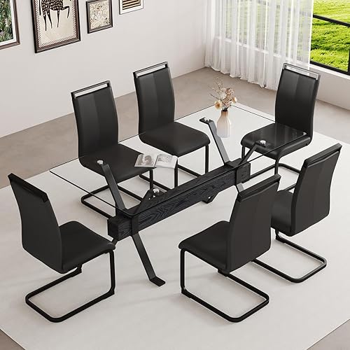 Miniatura 33 de Juego de mesa de comedor de cristal de 71 pulgadas para 6 personas | Juego de mesa de comedor moderno para 6 con sillas de piel sintética | Mesa de