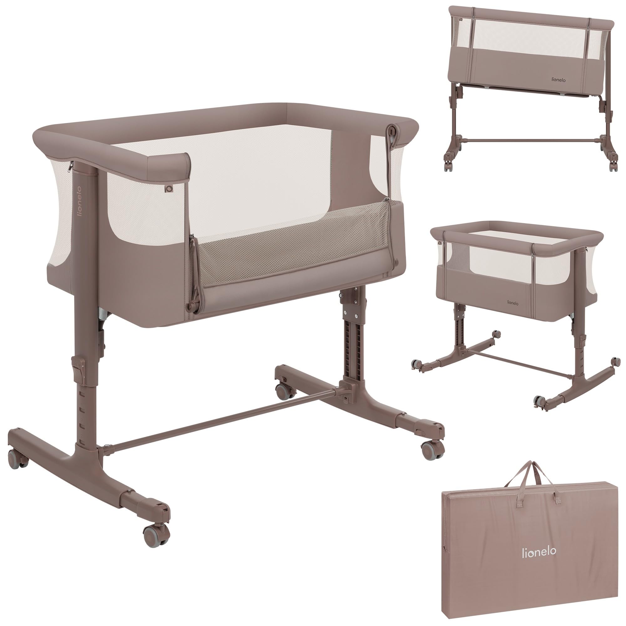 lionelo Aurora 3in1 Baby Bedside Cot Co-Sleeper for Babies From Birth to 9kg, Adjustable Height & Incline, Mattress, 4 Lockable Wheels, Breathable, Portable, Washable, Bag, Straps