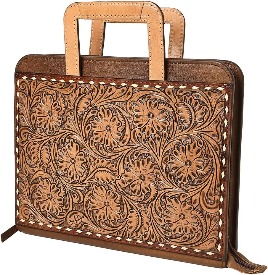 American Darling Western Briefcase Bag Hand Tooled Floral Carved Genuine Leather Office Organizer 10.5in (H) X 13in (W) X 1.5in (D)