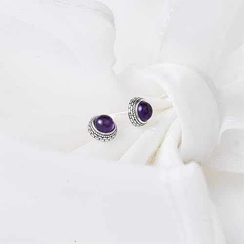 Miniatura 3 de Small Genuine Purple Amethyst 925 Sterling Silver Hypoallergenic Earrings Stud Jewelry for Women Handmade Trendy Western Antiqued Silver Dainty