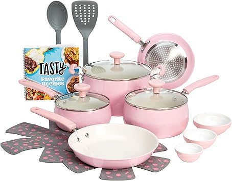Tasty Clean Ceramic Non-Stick Aluminum Cookware Set, Tempered Glass Lid, Dishwasher Safe, 16-Piece, Pink