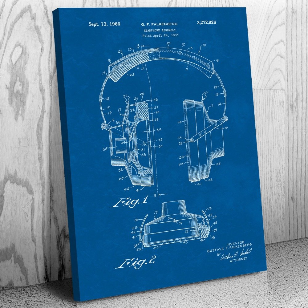 Patent Earth Headphones Canvas Print, DJ Gift, Recording Studio Art, Audiophile Gift, Headphones Decor, Music Lover Gift Blueprint (16 inch x 20 inch)