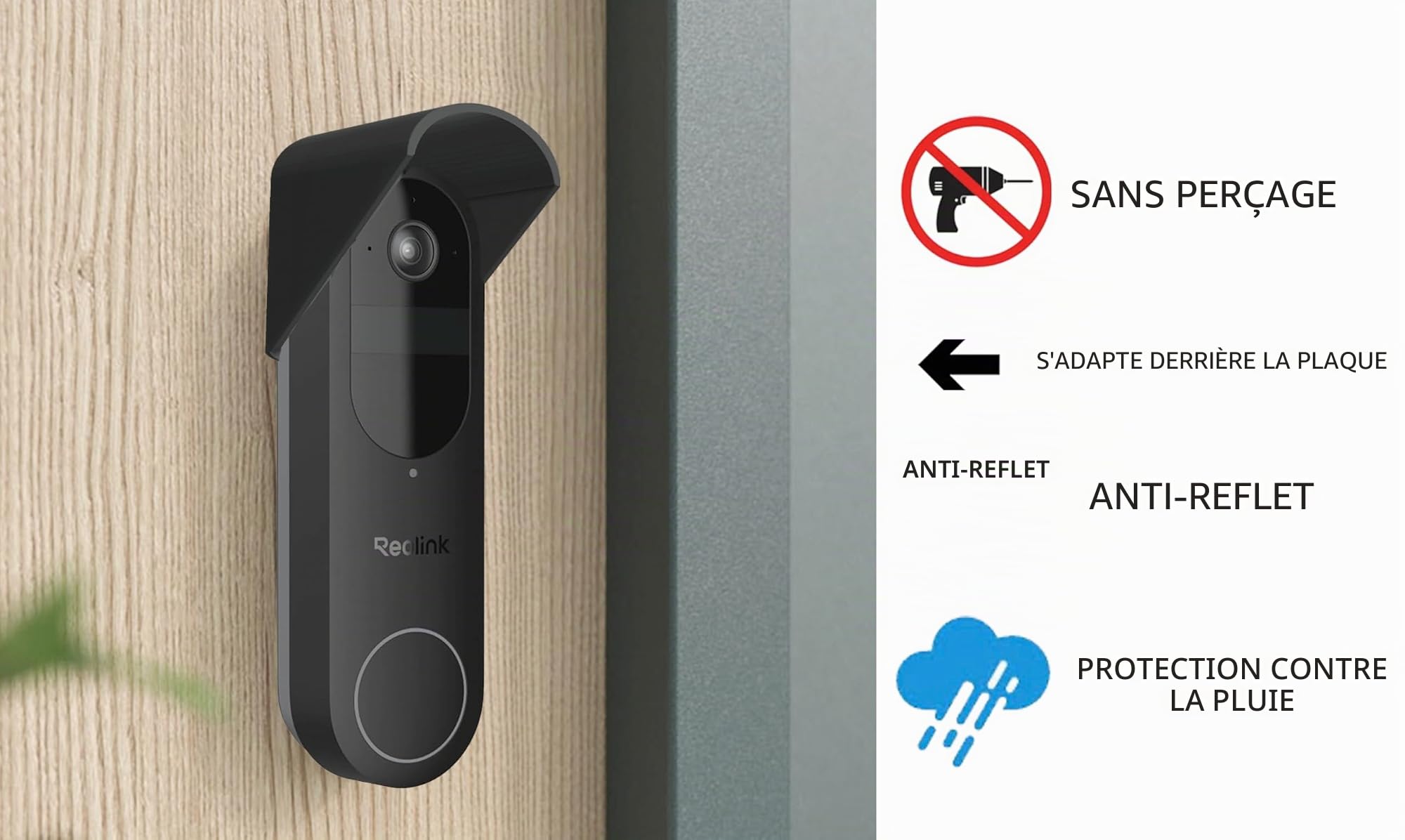 Housse de pluie sans perçage compatible avec la sonnette vidéo Reolink 2K, noir, anti-reflets, fabriquée au Royaume-Uni, protection contre la pluie