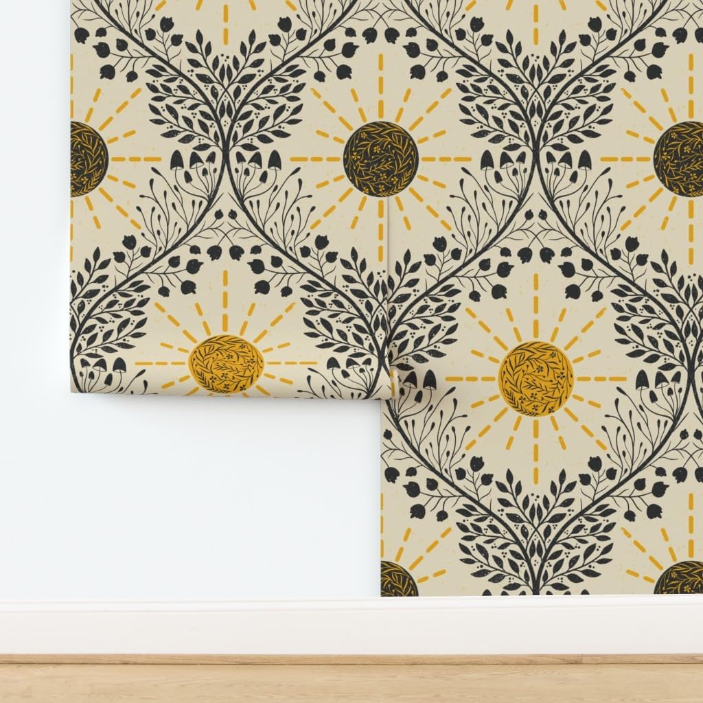 Peel & Stick Wallpaper 3ft x 2ft - Sun Life Providing Retro Mushroom Mushrooms Sunshine Botanical Custom Removable Wallpaper by Spoonflower
