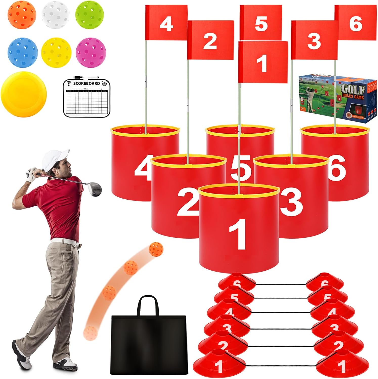Golf Yard Bucket Games 6 Holes Golf Practice Game with Flag, Golf Chipping Game for Kids and Adults Outdoor Indoor Park, Beach, Backyard, Lawn