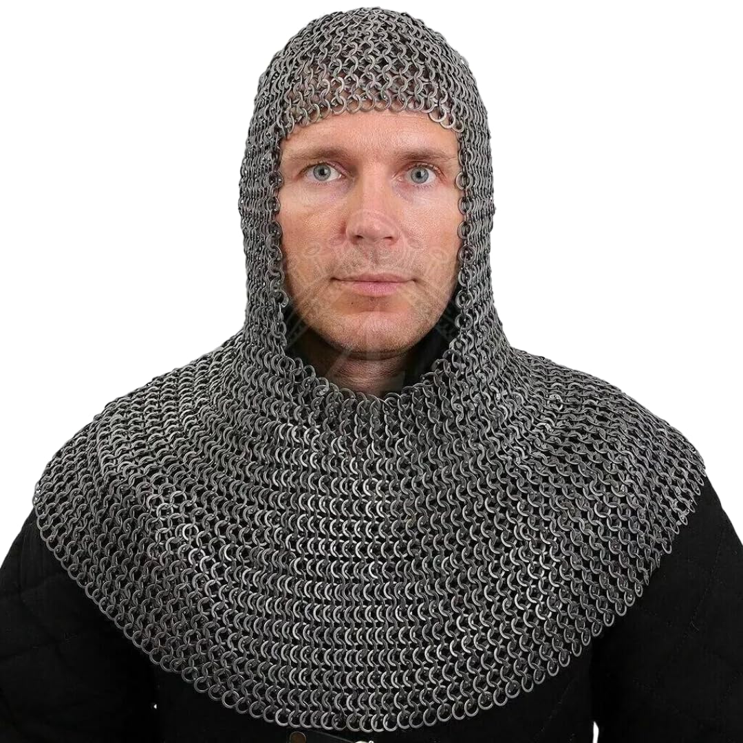 KORE NSMedieval Chainmail Hood, Flat Riveted with Washer, Chain Mail Coif Armor