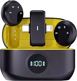 Kit 2 Microfones Profissionais de Lapela Bluetooth Sem Fio com Imã e Case de Carregamento, Redução de Ruído para Celular, Gravações, Lives e Vídeos com Áudio Claro
