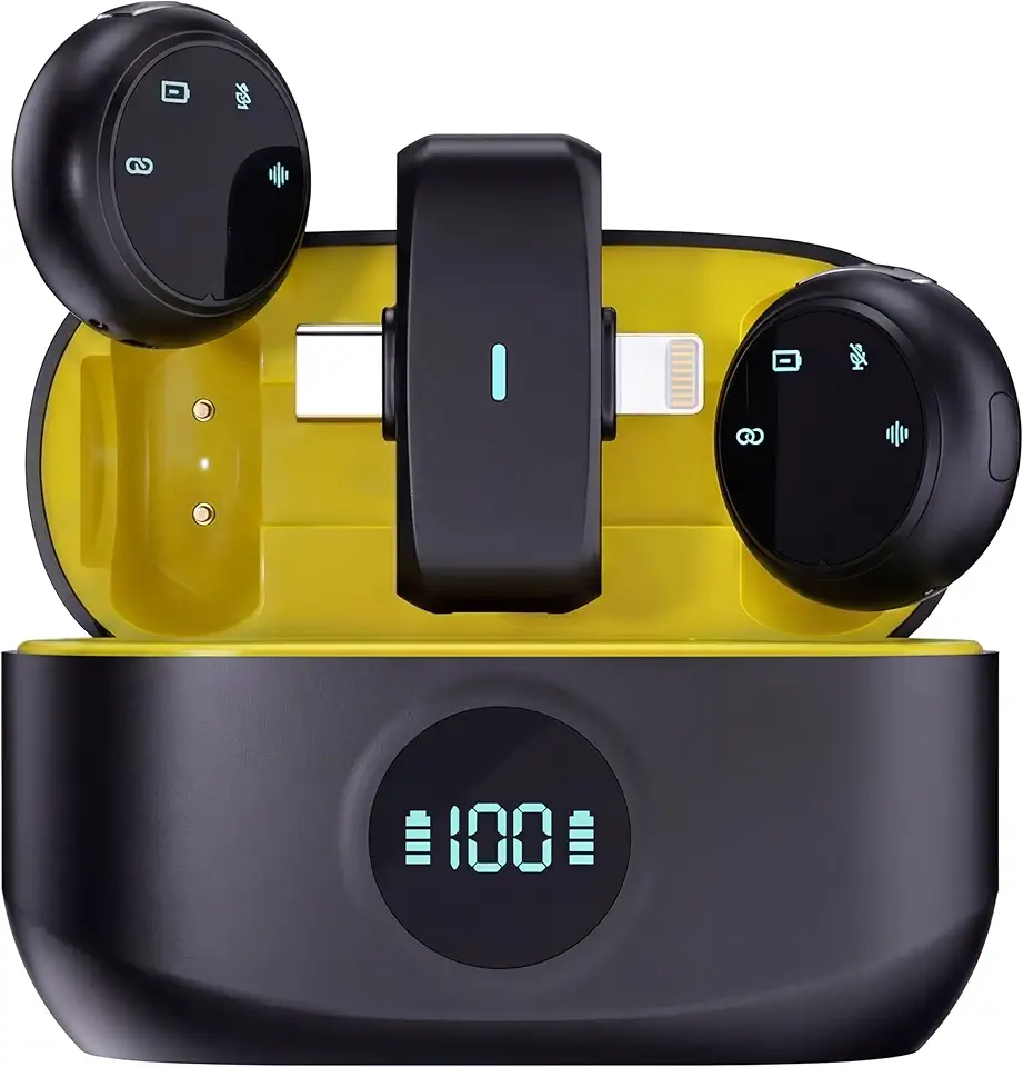 Kit 2 Microfones Profissionais de Lapela Bluetooth Sem Fio com Imã e Case de Carregamento, Redução de Ruído para Celular, Gravações, Lives e Vídeos com Áudio Claro