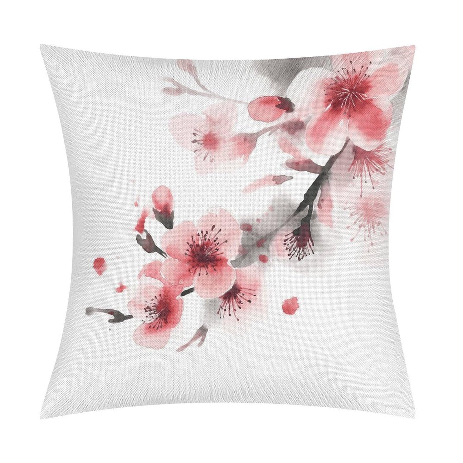 Asian Watercolor Pink Cherry Florals Throw Pillow Covers Farmhouse Pillow Cover Standard Pillow Shams Decorative Square Pillowcases Soft Pillow Cases Wrinkle Fade Resistant for Couch Home 18x18 Inch